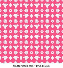 Patrón sin inconvenientes con el signo del año nuevo chino 2021 del año zodiaco del buey con elementos asiáticos rosados y blancos.