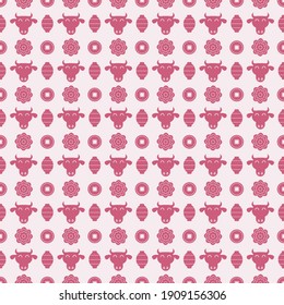 Seamless pattern with Chinese New Year 2021 Zodiac Year of the ox sign with purple and white asian elements.