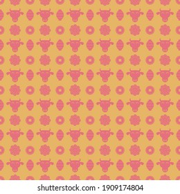 Seamless pattern with Chinese New Year 2021 Zodiac Year of the ox sign with pink and gold asian elements.
