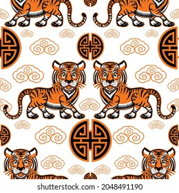 Seamless pattern with Chinese New Year 2022 Zodiac Year of the tiger sign with asian elements.