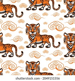 Seamless pattern with Chinese New Year 2022 Zodiac Year of the tiger sign with asian elements.