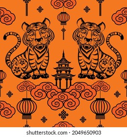 Seamless pattern with Chinese New Year 2022 Zodiac Year of the tiger sign with asian elements.