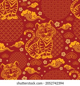 Seamless pattern with Chinese New Year 2022 Zodiac Year of the tiger sign with asian elements.