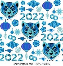 Seamless pattern with Chinese New Year 2022 Zodiac Year of the tiger sign with asian elements