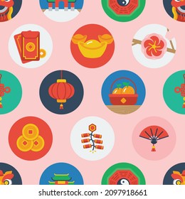 Seamless pattern of Chinese new year themed flat colored circular icons.