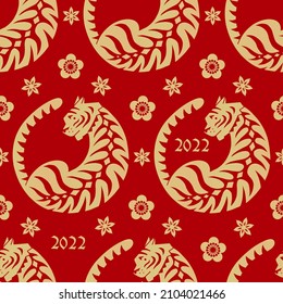 Seamless pattern with Chinese New Year 2022 Zodiac Year of the tiger sign with floral asian elements. Red and golden background with animal and flowers. Vector illustration.