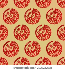 Seamless pattern with Chinese New Year 2022 Zodiac Year of the tiger sign with asian flower elements. Red silhouerre on golden vector background.