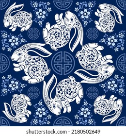 Seamless pattern with chinese new year 2023 or mid autumn festival zodiac year of the rabbit sign with asian elements.