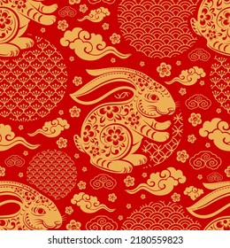 Seamless pattern with chinese new year 2023 or mid autumn festival zodiac year of the rabbit sign with asian elements.