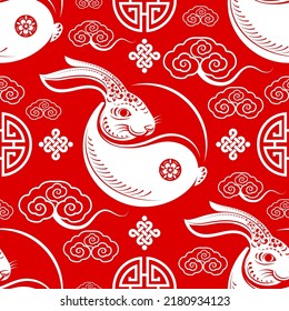 Seamless pattern with chinese new year 2023 or mid autumn festival zodiac year of the rabbit sign with asian elements.