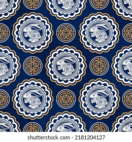 Seamless pattern with chinese new year 2023 or mid autumn festival zodiac year of the rabbit sign with asian elements.