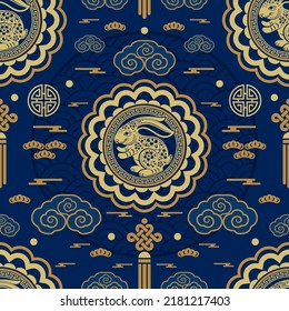 Seamless pattern with chinese new year 2023 or mid autumn festival zodiac year of the rabbit sign with asian elements.