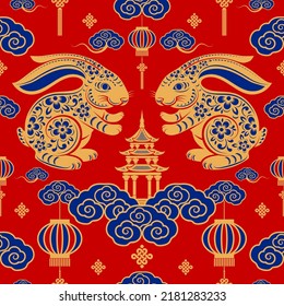 Seamless pattern with chinese new year 2023 or mid autumn festival zodiac year of the rabbit sign with asian elements.