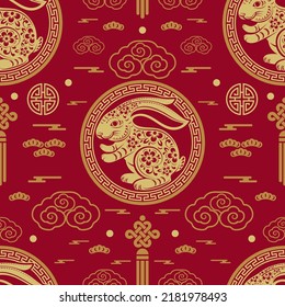 Seamless pattern with chinese new year 2023 or mid autumn festival zodiac year of the rabbit sign with asian elements.