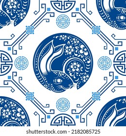 Seamless pattern with chinese new year 2023 or mid autumn festival zodiac year of the rabbit sign with asian elements.