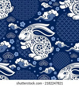 Seamless pattern with chinese new year 2023 or mid autumn festival zodiac year of the rabbit sign with asian elements.