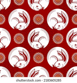 Seamless pattern with chinese new year 2023 or mid autumn festival zodiac year of the rabbit sign with asian elements.