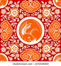 Seamless pattern with chinese new year 2023 or mid autumn festival zodiac year of the rabbit sign with asian elements.