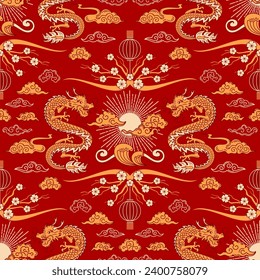Patrón inmaculado del nuevo año del dragón de madera chino. Sol y nubes. Ilustración vintage vectorial brillante, estilo asiático. Faroles de papel, flores de skaura. Para papel pintado, tela, envoltura, fondo.