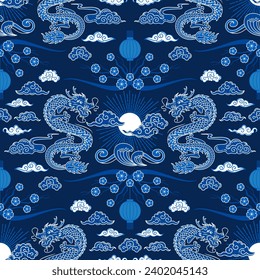 Seamless pattern Chinese New Year of the Wooden Dragon. Sun and clouds. Bright vector vintage illustration, Asian style. Paper lanterns, skaura flowers. For wallpaper, fabric, wrapping, background.