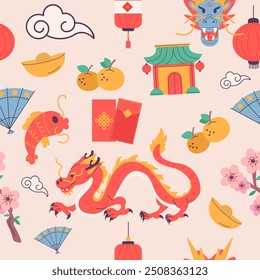 Seamless pattern Chinese new year festival elements