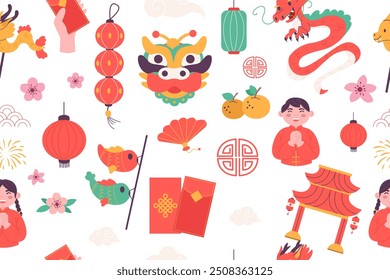Seamless pattern Chinese new year festival elements flat design 