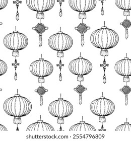 Seamless pattern. Chinese new year. Chinese lanterns sketch. Hand drawn vector illustration.