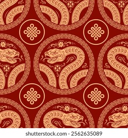 Seamless pattern for Chinese New Year 2025 celebration is bright and Snake elegantly coils, infinity knot. For wallpaper, textile, wrapping, background.