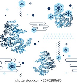 Patrón sin fisuras Año nuevo chino 2036 año del dragón - diseños chinos tradicionales con dragones. Concepto de año nuevo lunar, diseño de Vector moderno. Feliz año nuevo chino 