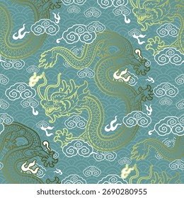 Patrón sin fisuras Año nuevo chino 2036 año del dragón - diseños chinos tradicionales con dragones. Concepto de año nuevo lunar, diseño de Vector moderno. Feliz año nuevo chino 