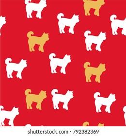 Seamless pattern for Chinese new year with dog silhouettes. Vector art for designing holiday invitation/ poster/ banner/ wallpaper. Gold, red and white. Cute chinese puppies for background or template