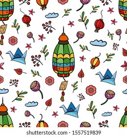 Seamless pattern with Chinese objects: paper lantern, origami, leaf, plant. Doodle illustration