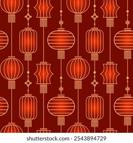 Seamless pattern of Chinese paper Hanging lantern Denglong. Good luck knot. Chinese New Year, Mid-Autumn Festival. Flat minimalistic geometric design. fabric, wrapping, background.