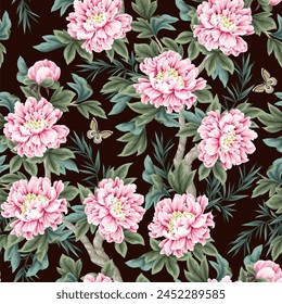 Seamless pattern  with Chinese peonies and butterfly. Vector