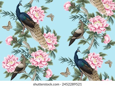 Seamless pattern with Chinese peonies and peacocks. Vector