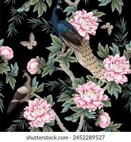 Seamless pattern with Chinese peonies and peacocks. Vector