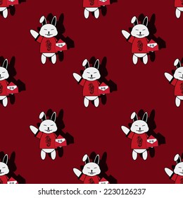 Seamless pattern with chinese rabbit with red envelope. Print for wallpaper or fabric. Chinese symbol 2023 new year. 幸福 - well-being by chinese language.