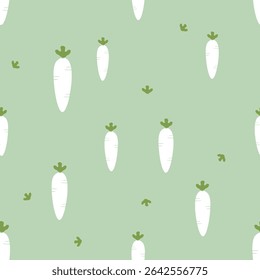 Seamless pattern with Chinese radish with leaves on green background vector.