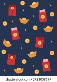 Seamless pattern of Chinese red envelopes, gold ingots, and gold coins on a dark blue background. Perfect for festive wallpapers, gift wrap, packaging, and Lunar New Year-themed designs.