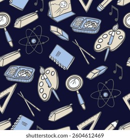 Seamless pattern with Chinese school supplies in cartoon style. Vector