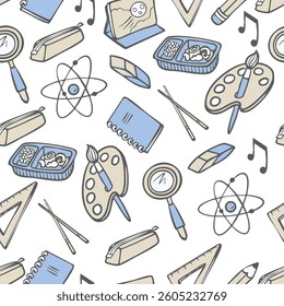 Seamless pattern with Chinese school supplies in cartoon style. Vector