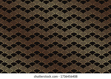 Seamless pattern in chinese style. Black oriental background with golden waves.