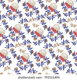 Seamless pattern in Chinese style. Branches with tangerines and embroidered parrots.