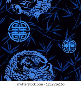 Seamless pattern in Chinese style  with dragon and bamboo twigs