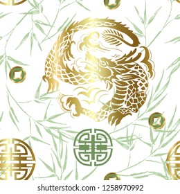 Seamless pattern in Chinese style  with dragon and bamboo twigs