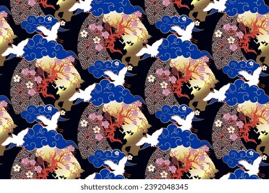 Seamless pattern in chinese style. Fans, lanterns, butterflies, sakura flowers. Fashion textiles, fabric, packaging