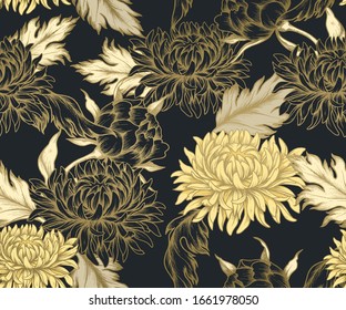 Seamless pattern in Chinese style with golden chrysanthemums on a dark background