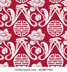 Seamless pattern of Chinese symbols and flowers. Red and white background. Imitation style of Chinese painting on porcelain. Vector illustration.