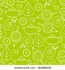 Seamless pattern with chinese tea linear icons set. Teapot, teacup, tea.
