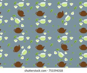 Seamless pattern of chinese tea set with green tea, leaves, cups, pot, creamer on a blue background